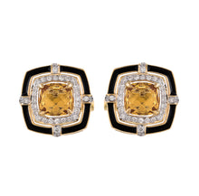 Load image into Gallery viewer, Shop solitaire citrine and diamond cufflinks with a black enamel border at Dira London.com
