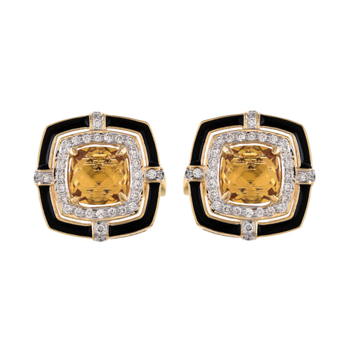 Shop solitaire citrine and diamond cufflinks with a black enamel border at Dira London.com