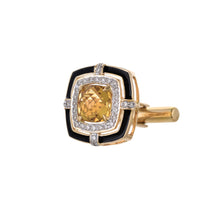 Load image into Gallery viewer, Shop solitaire citrine and diamond cufflinks with a black enamel border at Dira London.com
