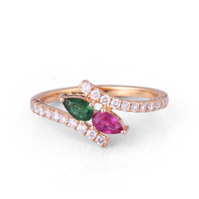 Load image into Gallery viewer, Pear-shaped emerald, ruby and diamond ring
