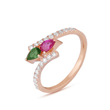 Load image into Gallery viewer, Pear-shaped emerald, ruby and diamond ring
