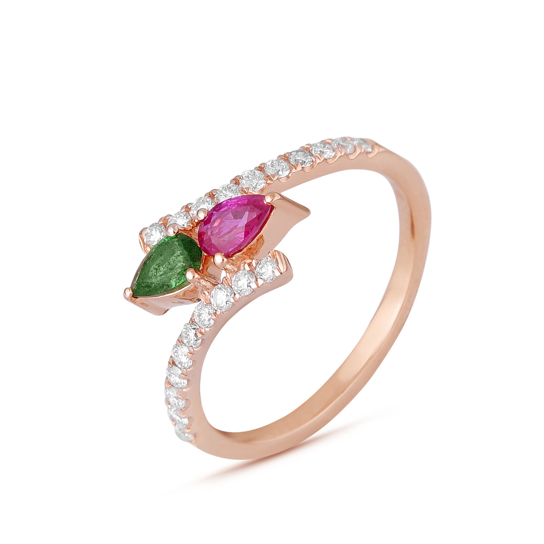 Pear-shaped emerald, ruby and diamond ring