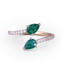 Load image into Gallery viewer, Pear-shaped double-head emerald and diamond ring
