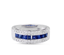 Load image into Gallery viewer, Shop channel set blue sapphire and diamond wedding band at Dira London.com
