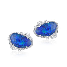 Load image into Gallery viewer, Seven carat blue Australian Opal and diamond studs in 18K white gold shop at Dira London.com
