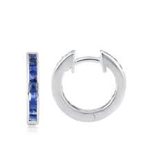 Load image into Gallery viewer, Shop channel set blue sapphire hoop earrings at Dira London.com
