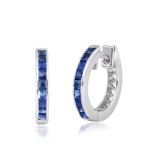 Load image into Gallery viewer, Shop channel set blue sapphire hoop earrings at Dira London.com
