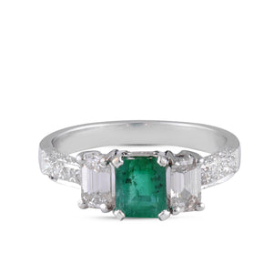 Emerald solitaire and diamond trinity ring