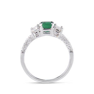 Emerald solitaire and diamond trinity ring