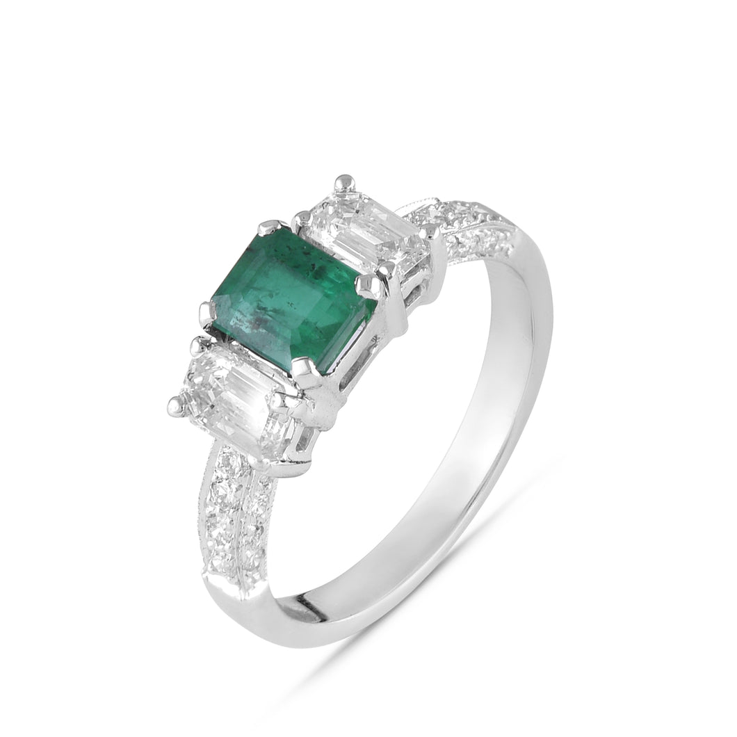 Emerald solitaire and diamond trinity ring