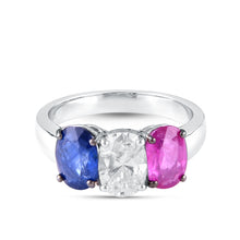 Load image into Gallery viewer, Shop sapphire, ruby and diamond solitaire trinity ring at Dira London.com
