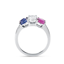 Load image into Gallery viewer, Shop sapphire, ruby and diamond solitaire trinity ring at Dira London.com
