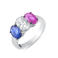 Load image into Gallery viewer, Shop sapphire, ruby and diamond solitaire trinity ring at Dira London.com
