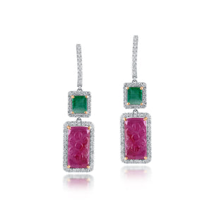 Emerald, tourmaline and diamond drop earrings