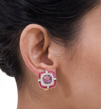 Load image into Gallery viewer, Amethyst and diamond earrings with cherry-red enamel border
