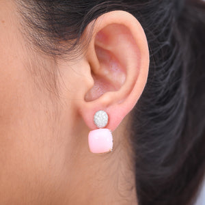 Pink opal cabochon and diamond earrings