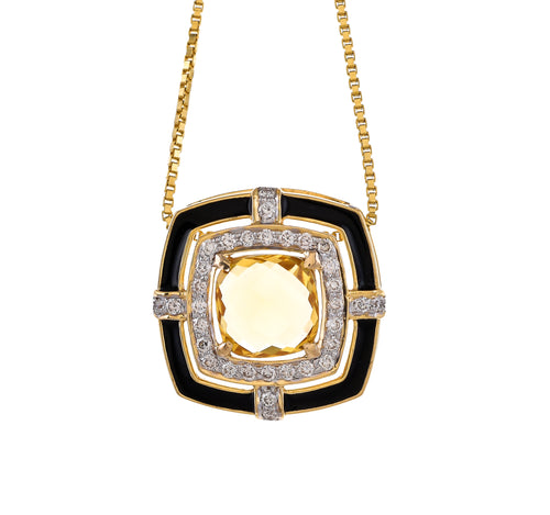 Shop solitaire citrine and diamond pendant with a black enamel border at Dira London.com