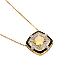 Load image into Gallery viewer, Shop solitaire citrine and diamond pendant with a black enamel border at Dira London.com
