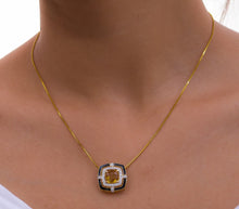 Load image into Gallery viewer, Shop solitaire citrine and diamond pendant with a black enamel border at Dira London.com

