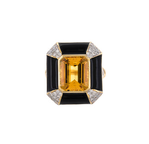 Citrine, black enamel and diamond ring