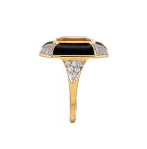 Citrine, black enamel and diamond ring