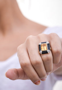 Citrine, black enamel and diamond ring