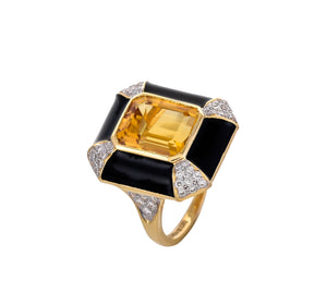 Citrine, black enamel and diamond ring