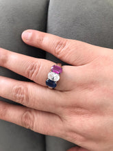 Load image into Gallery viewer, Shop sapphire, ruby and diamond solitaire trinity ring at Dira London.com
