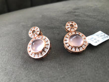 Load image into Gallery viewer, Shop rose quartz and diamond earrings in rose gold at Dira London.com
