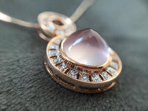 Shop rose quartz and diamond pendant in rose gold at Dira London.com