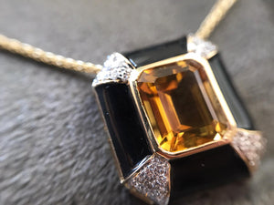 Citrine, black enamel and diamond pendant