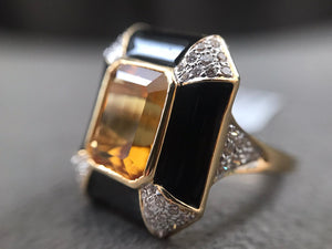 Citrine, black enamel and diamond ring